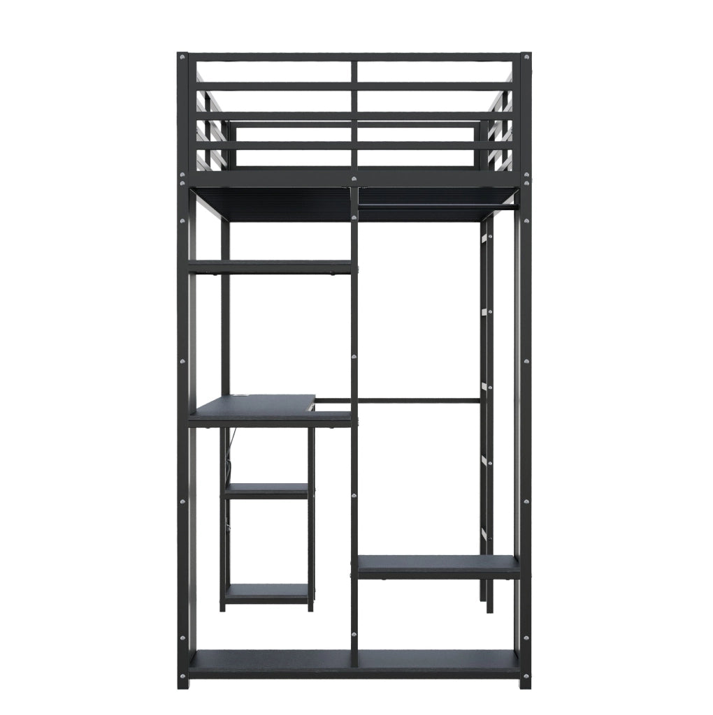 Letto a soppalco 90x200 cm nero con scrivania, LED e armadio aperto