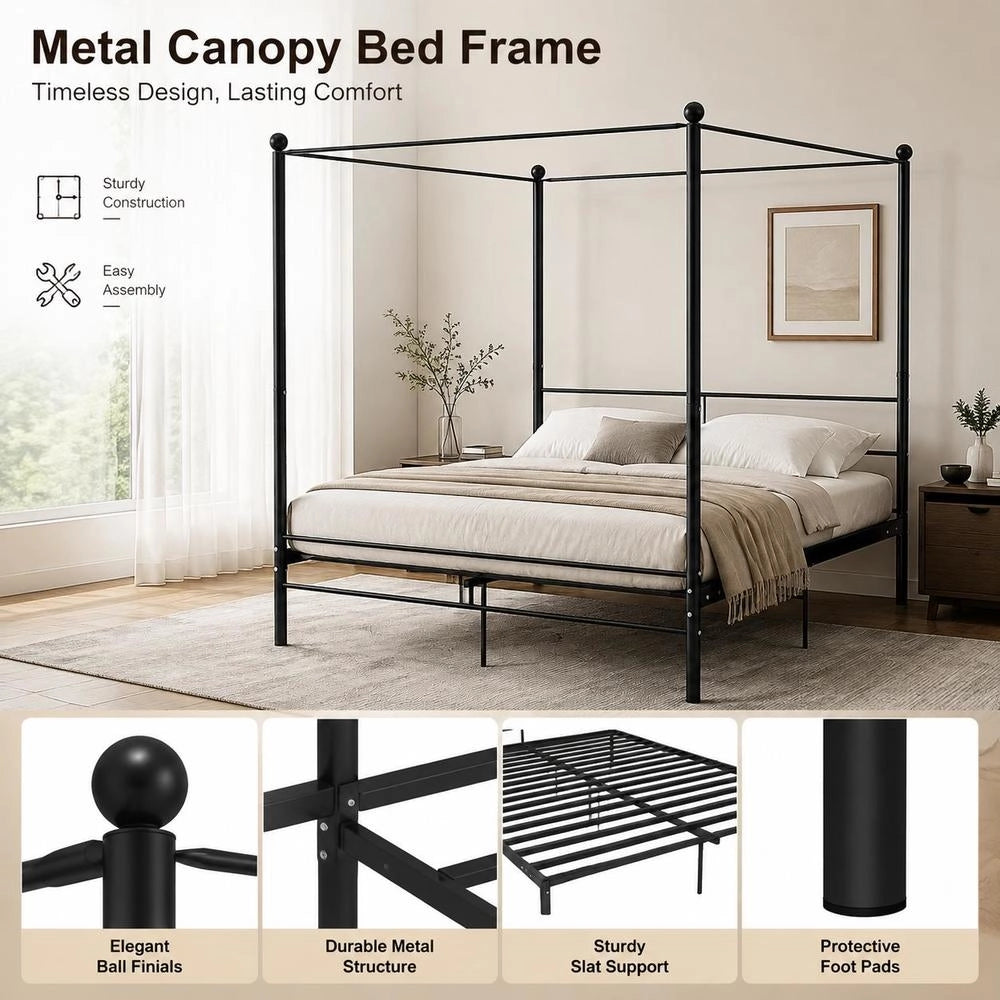 Canopy Bed, Black Metal, 160x200 Cm