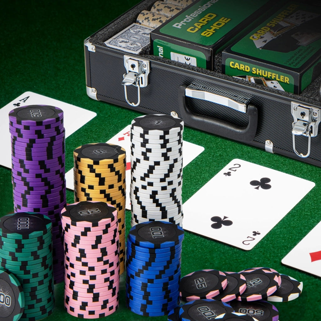 Set di fiches da poker da 600 pezzi, Fiches claytec da 14 grammi con custodia 6 mazzi di carte tappeto da poker Nero