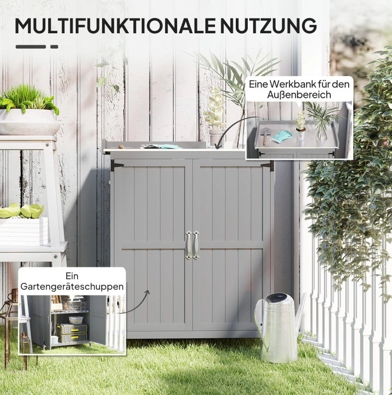 Armadio da Giardino con Piano di Lavoro in Legno e Acciaio, Doppie Porte, Grigio, 74x43x88 cm