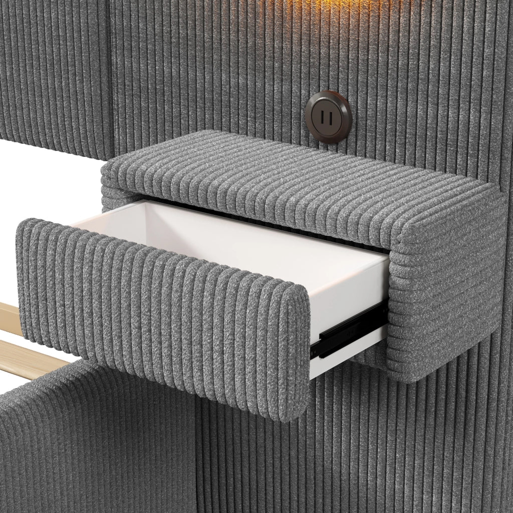 Letto imbottito 180x200 cm in velluto grigio con LED, USB e comodini