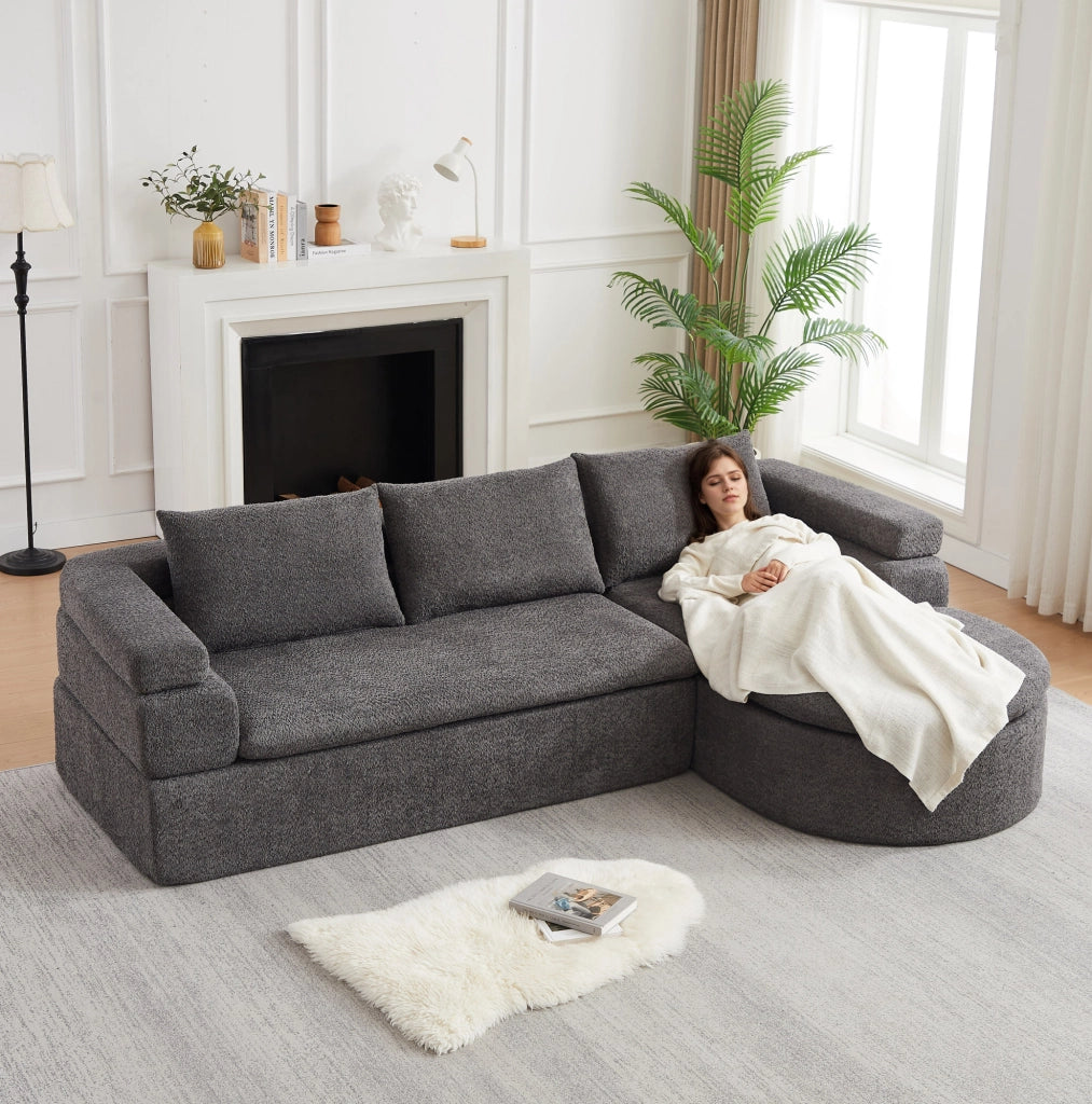 Divano angolare grigio in chenille con chaise longue e 3 cuscini