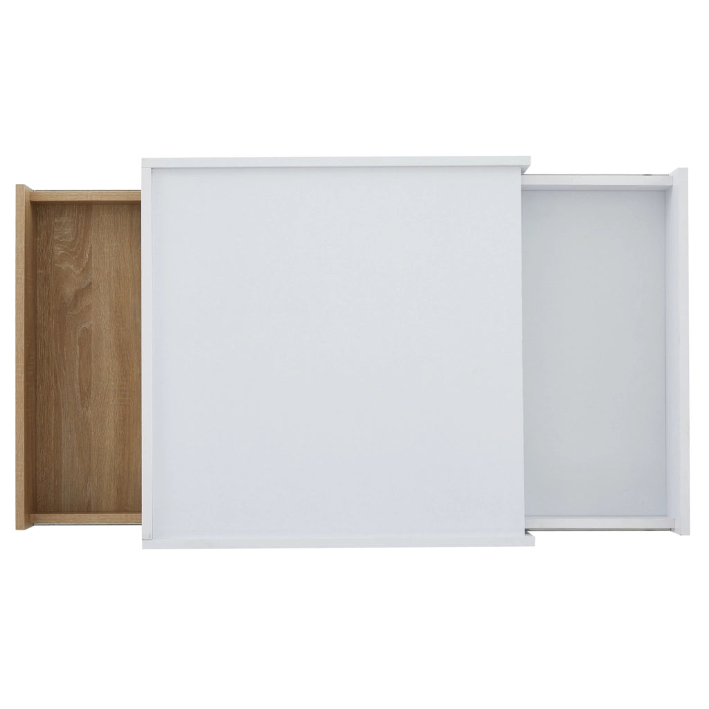 Tavolino da caffè 60x60x38 cm; girevole 360°; con cassetti; truciolare bianco e noce