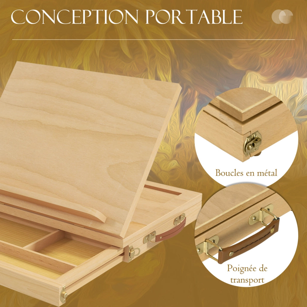 Cavalletto da tavolo in legno naturale con cassetto portaoggetti, angolo regolabile per tele fino a 24,5 cm, pratico per fai da te