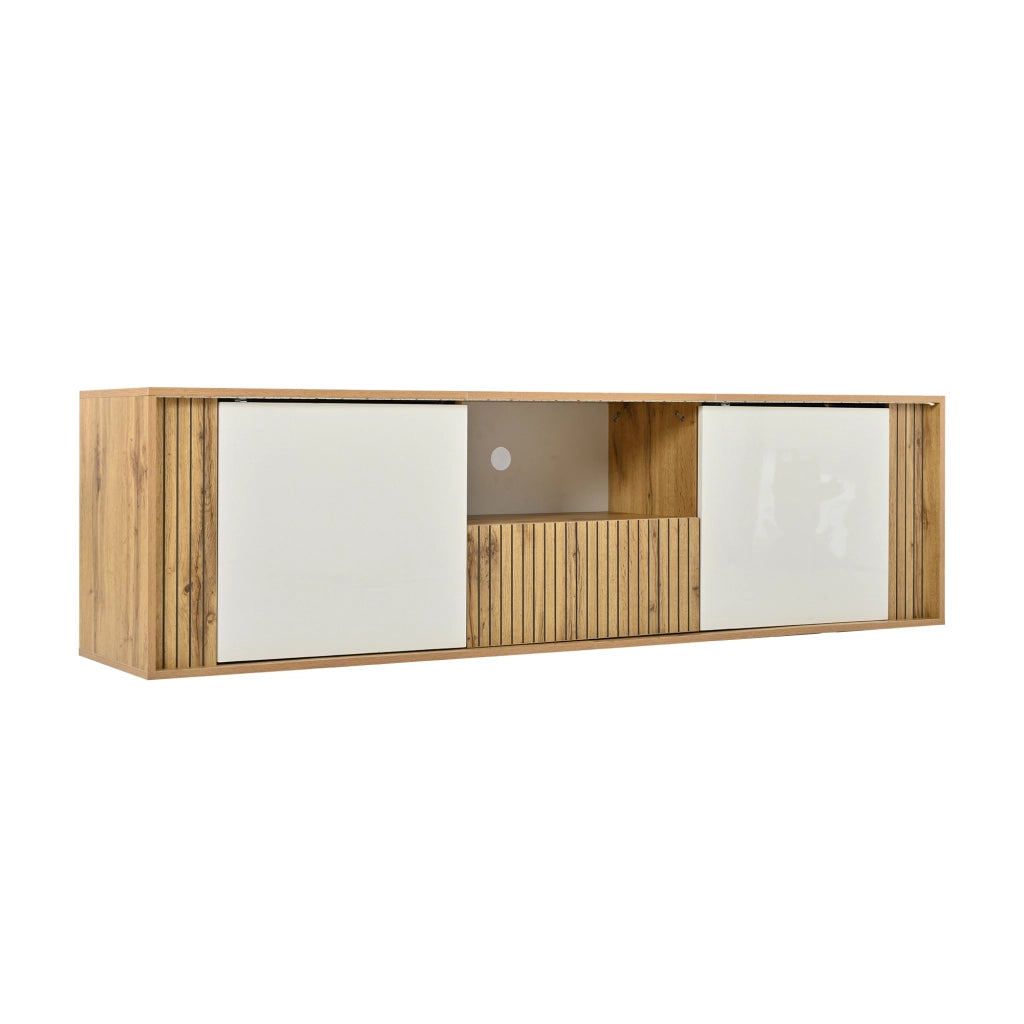 Mobile Porta TV 180 cm per 75 Pollici con Luci LED; Bianco e Legno; 1 Cassetto e 2 Ante