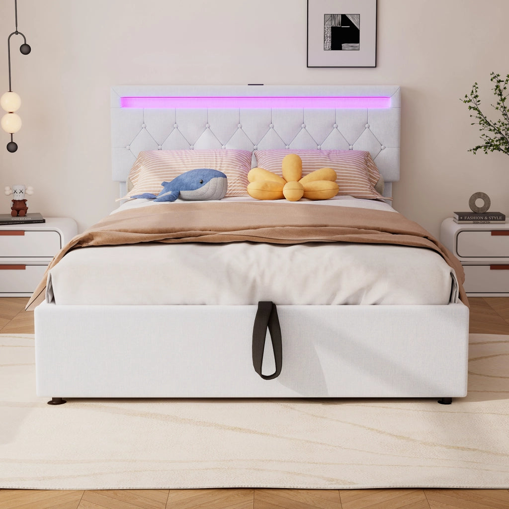 LETTO Imbottito Contenitore 140x200 cm in Lino Bianco con LED, USB e USB-C
