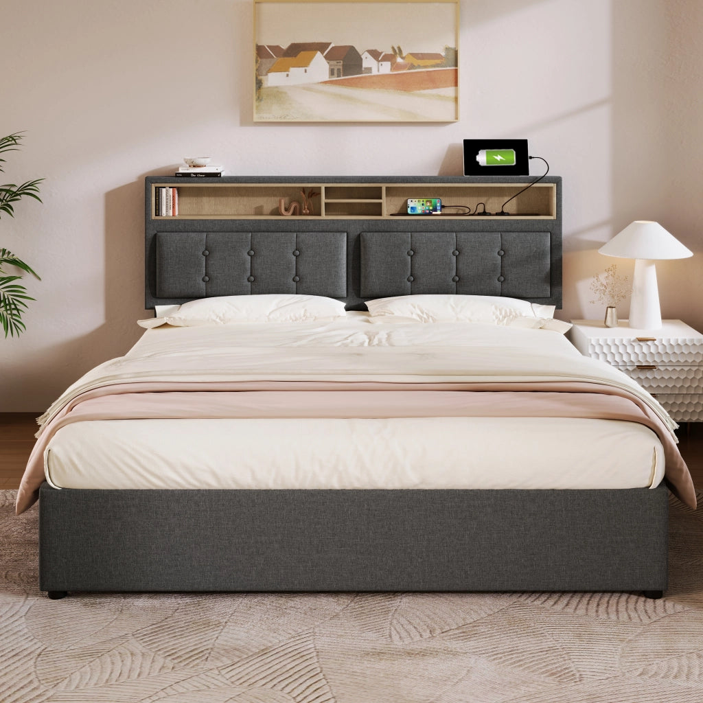 DESMIU Lit coffre 140 × 200 cm 2 posti con USB, Type-C e prese, testiera regolabile, senza materasso, grigio