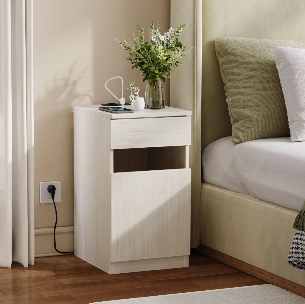 Comodino bianco MDF con USB, USB-C e presa, 33x40x61,5 cm