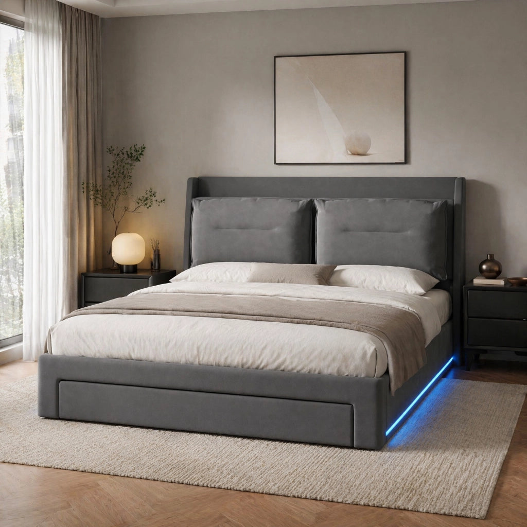 Letto contenitore 140 × 190 cm con sollevamento idraulico cassetto ai piedi LED regolabile velluto grigio scuro