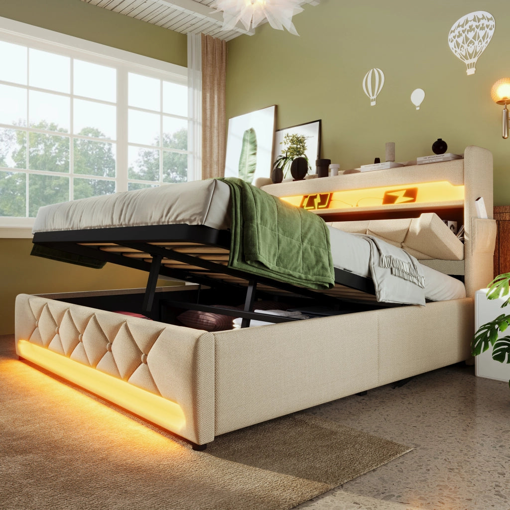 DESMIU Letto Contenitore 140 × 200 cm 2 posti con LED, USB, Type-C e vano idraulico, con materasso, beige