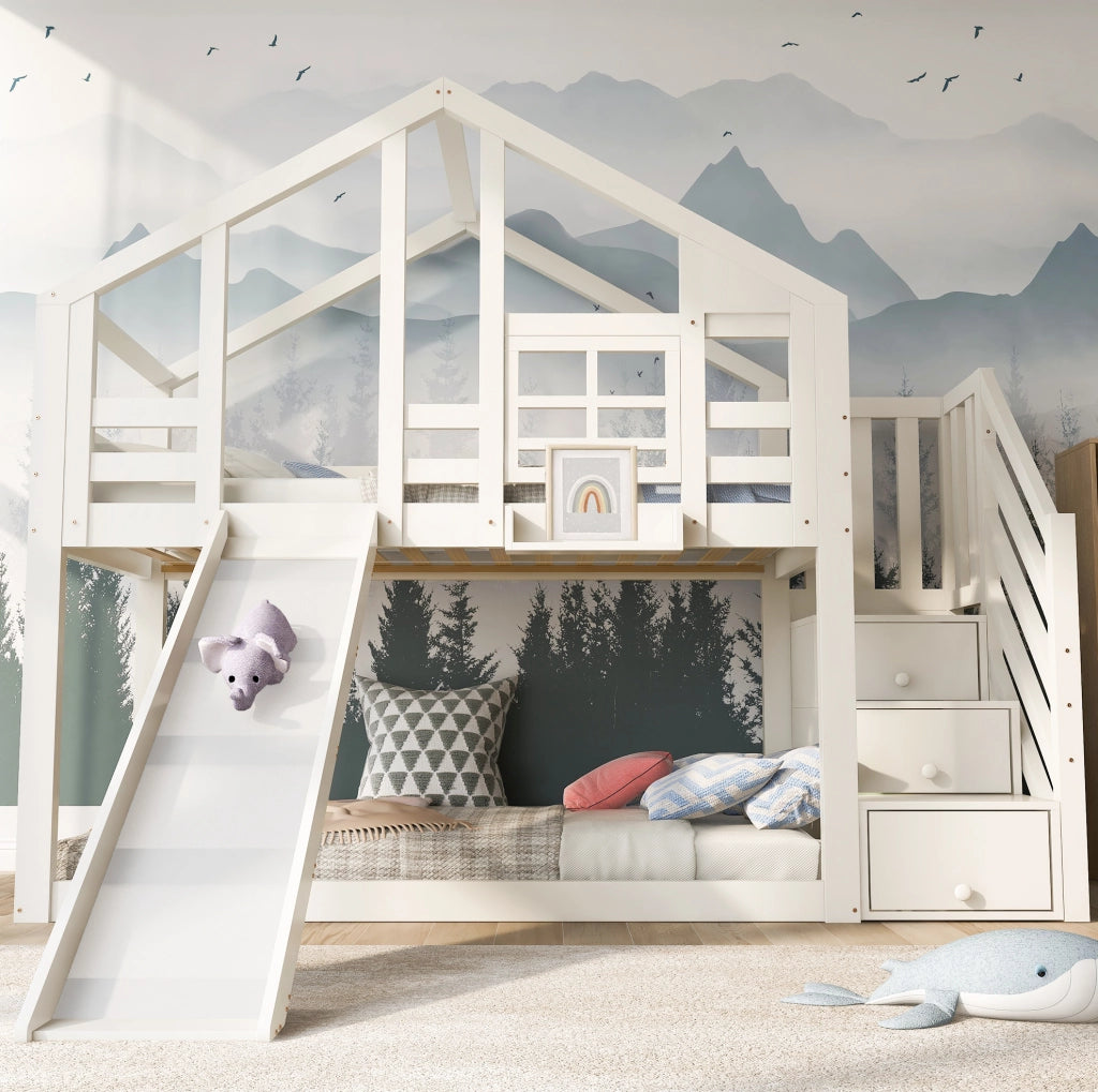 Letto a castello a forma di casetta con scivolo, 90x200 cm, in legno di pino bianco con cassetti e 2 reti a doghe (senza materasso)