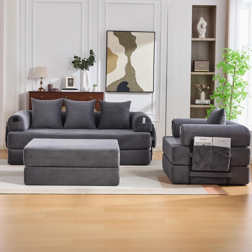 Set divano modulare 3 posti con poltrona e pouf in velluto a coste grigio scuro