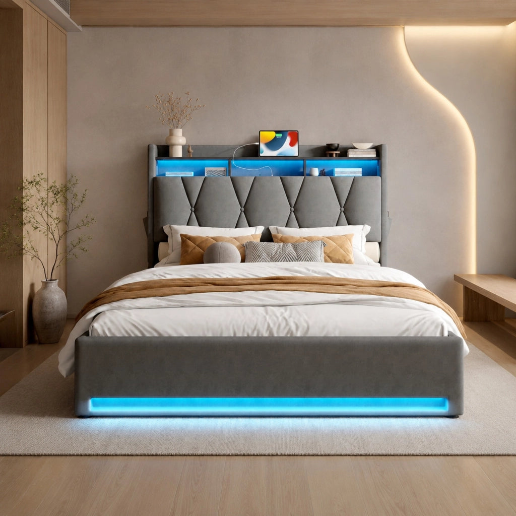 Letto matrimoniale contenitore 140 × 200 cm con LED USB e Type-C in velluto grigio scuro con testiera