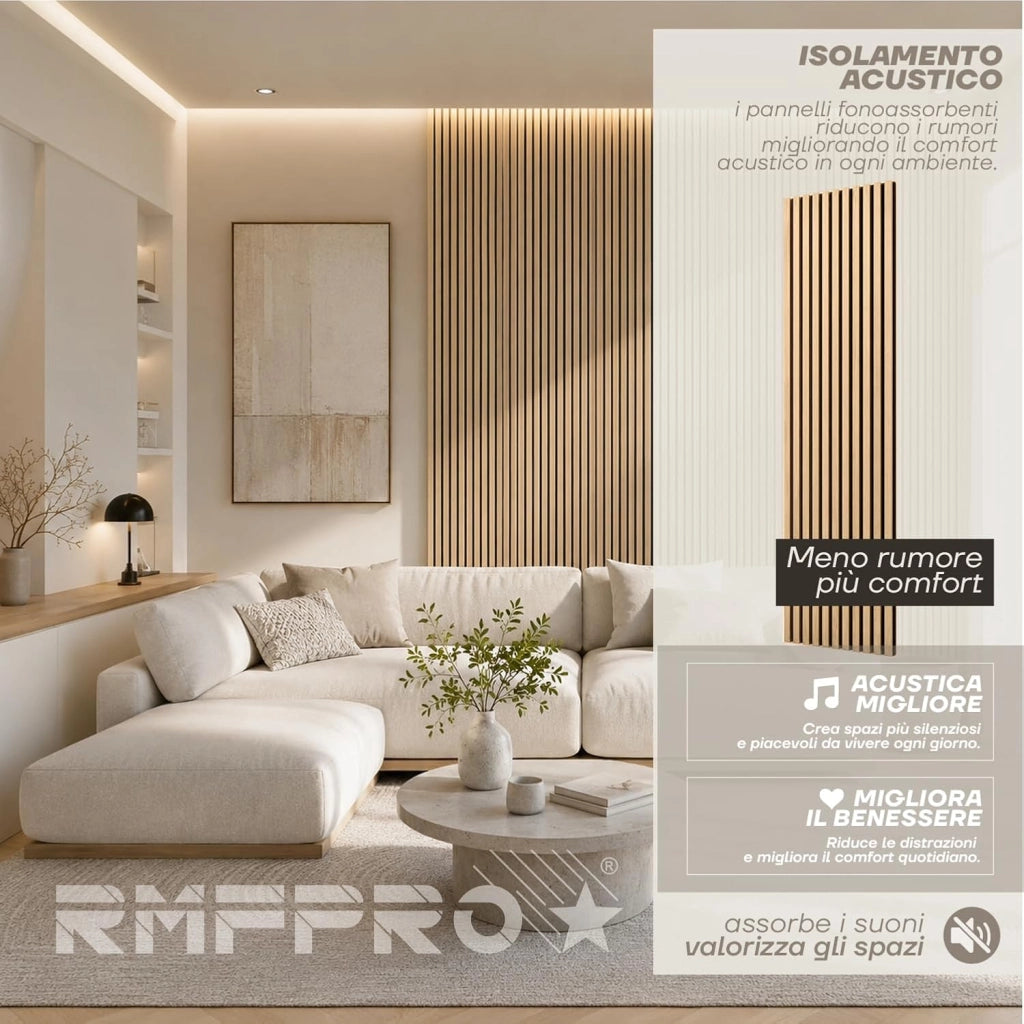 RMF PRO Pannello Decorativo Parete Legno Fonoassorbente Rovere Bianco 240x60 cm (1,44 m²) – Singolo Rivestimento Acustico a Listelli MDF per Casa, Ufficio e Camera
