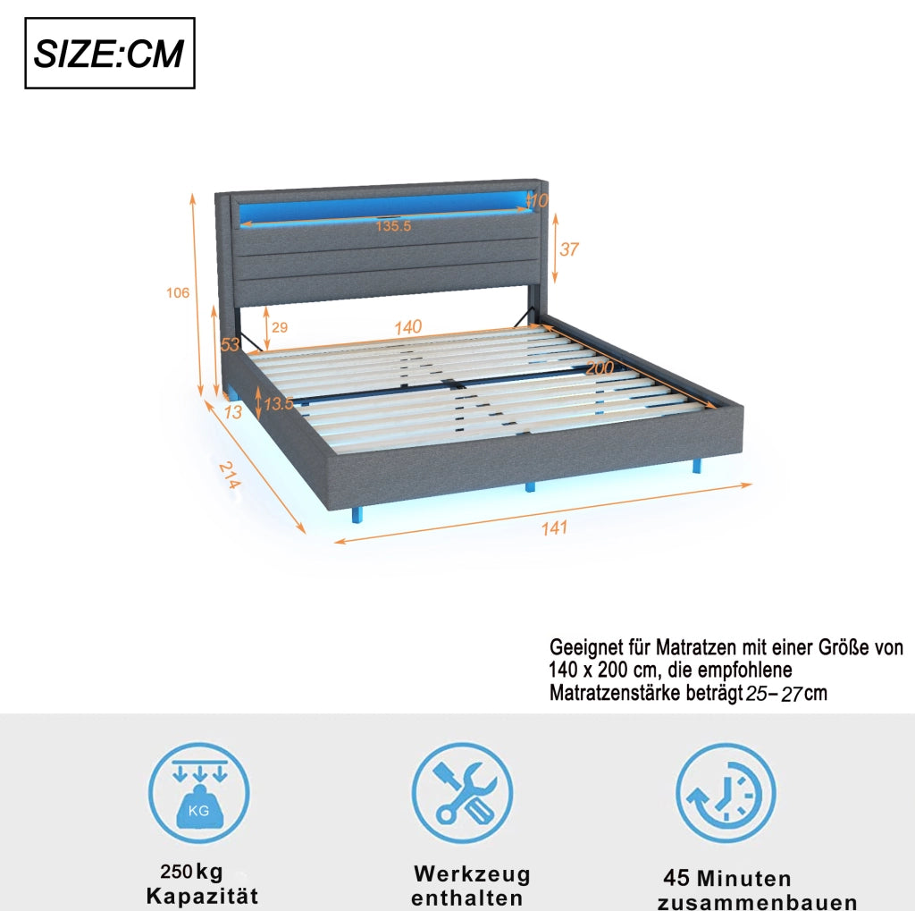 Letto imbottito 140x200 cm con LED, USB e testiera contenitore