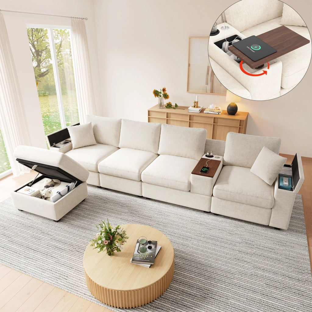 Divano modulare a L 313 x 147 x 82 cm con pouf e USB; ciniglia beige