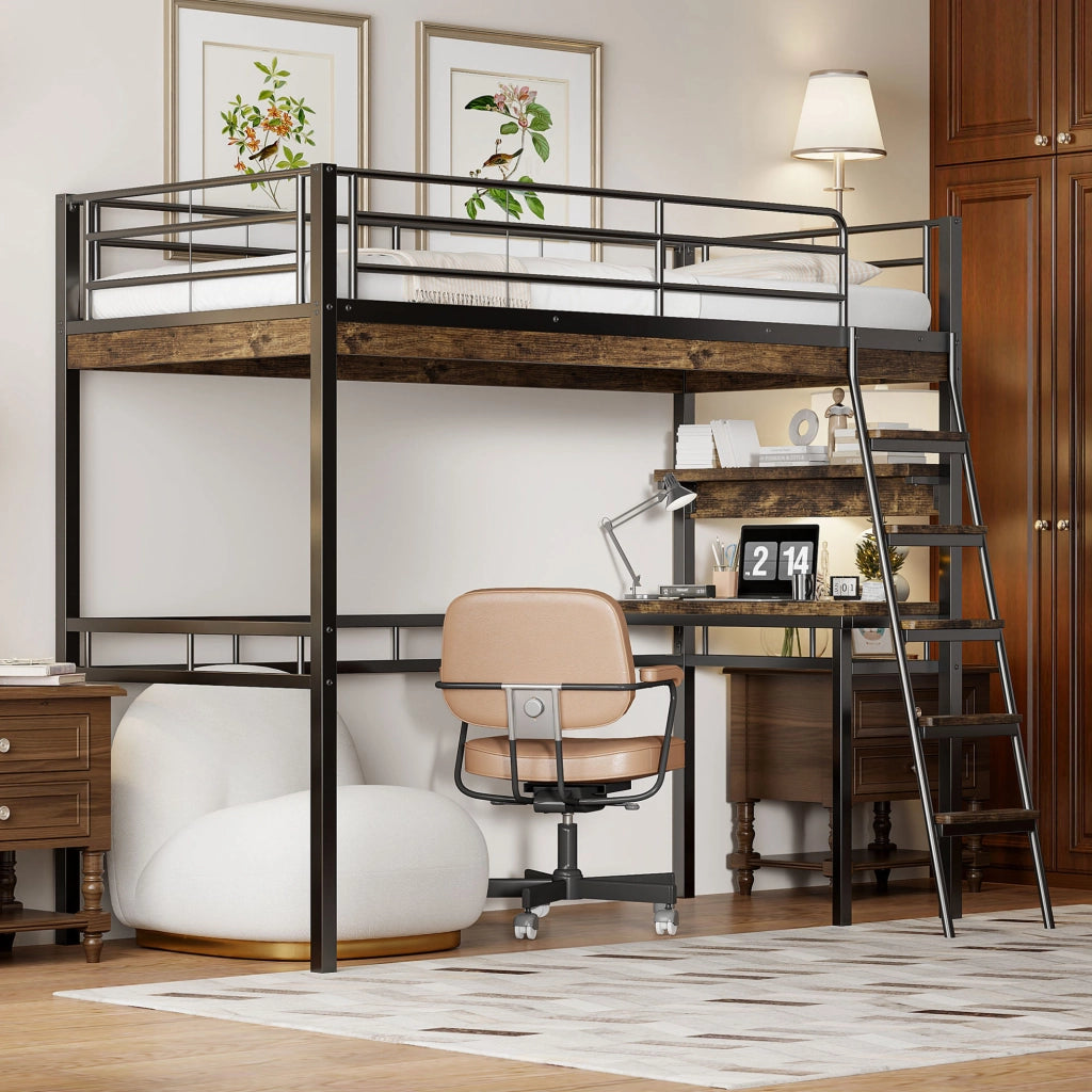 Letto a soppalco 90x200 cm con scrivania e ripiani in metallo e MDF; nero
