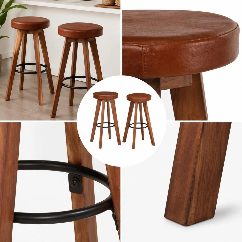 Bar Stools, 2 Pieces. Genuine Leather And Solid Acacia Wood.