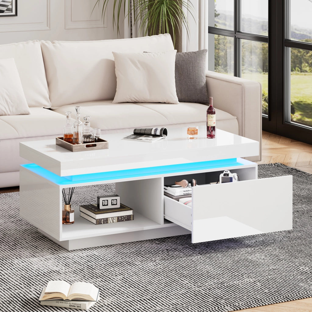 Tavolino da salotto con LED e cassetto portata 50 kg in pannello di particelle bianco lucido 100 × 50 × 40.3 cm