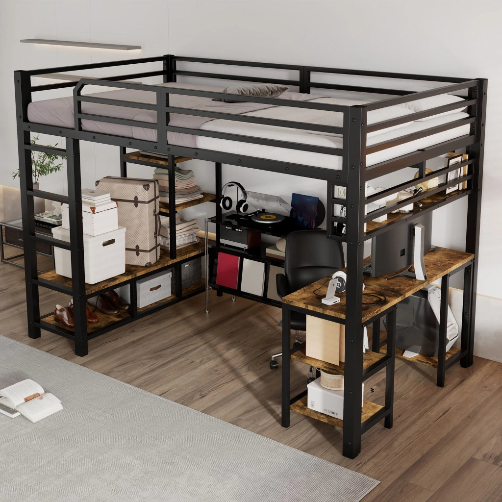Letto a soppalco per bambini 120 × 200 cm con scrivania ripiano scala a 4 gradini metallo nero noce scuro