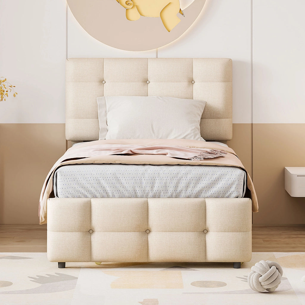 letto imbottito lino beige 90 x 200 cm