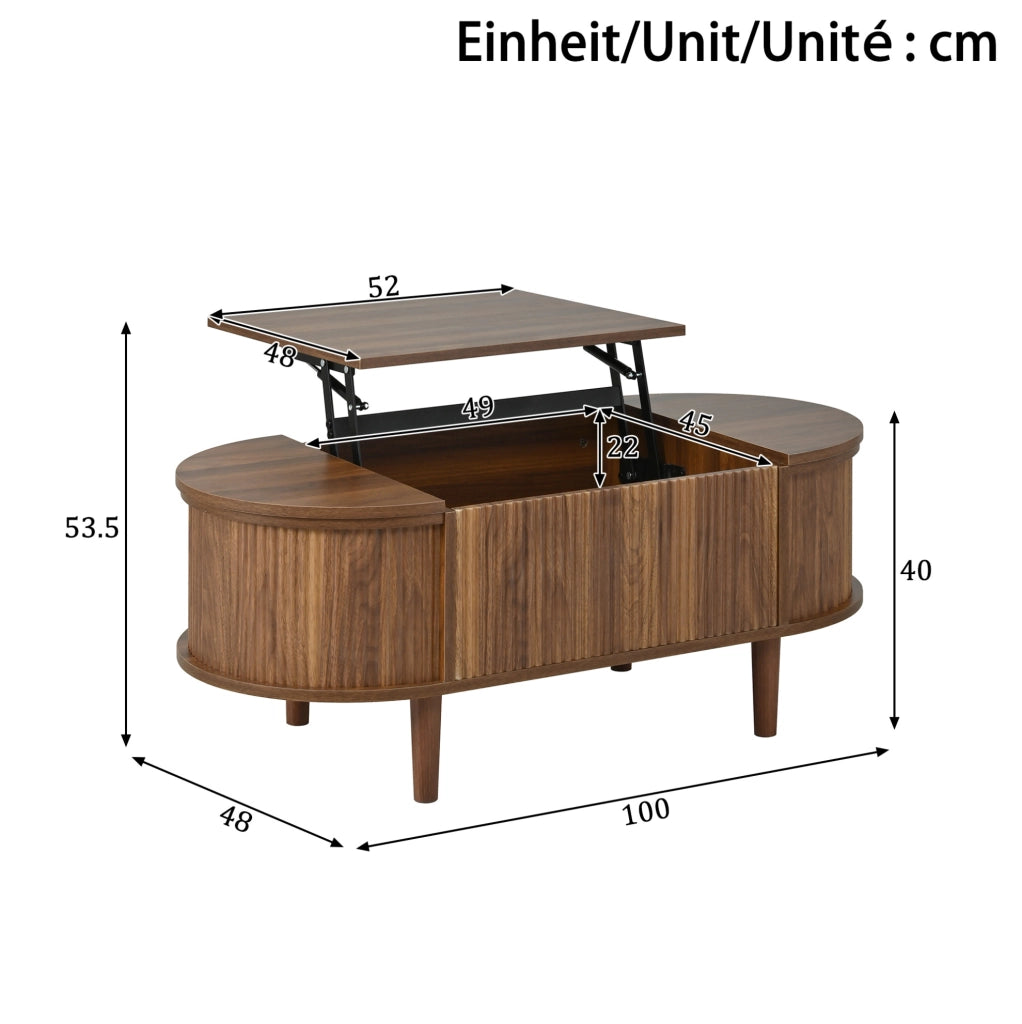 Tavolino da caffè rialzabile ovale con contenitore; stile vintage; noce