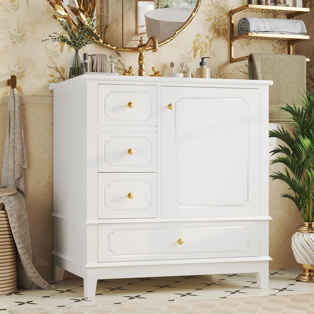 Mobiletto con lavabo in ceramica antibatterica 3 cassetti anta con ripiano MDF bianco 76.5 × 47 × 87.5 cm