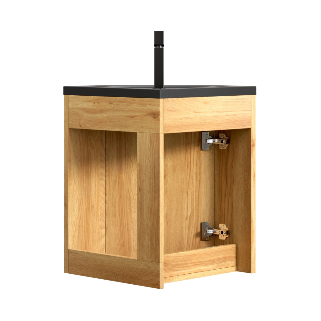Mobile bagno angolare ULEVR con lavabo triangolare integrato in resina nera opaca e anta effetto rovere