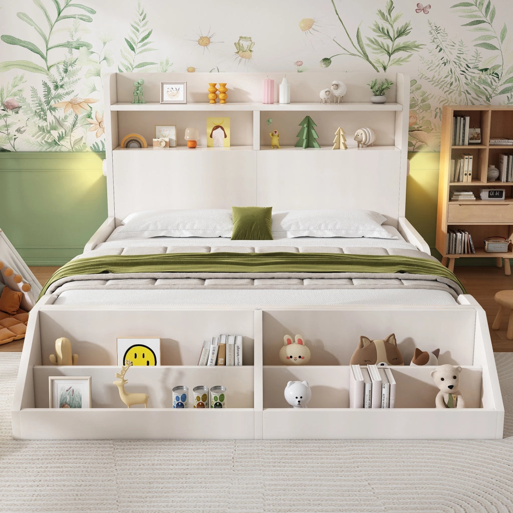 Letto matrimoniale con rete a doghe 140 × 200 cm in legno bianco con luci notturne e libreria rimovibile