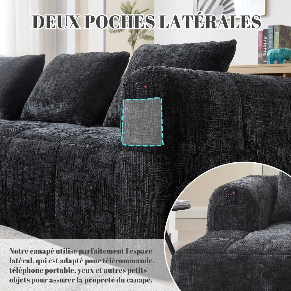 Divano angolare 3 posti con chaise longue e braccioli ¨C Minimal ¨C nero chenille con 3 cuscini e tasche laterali