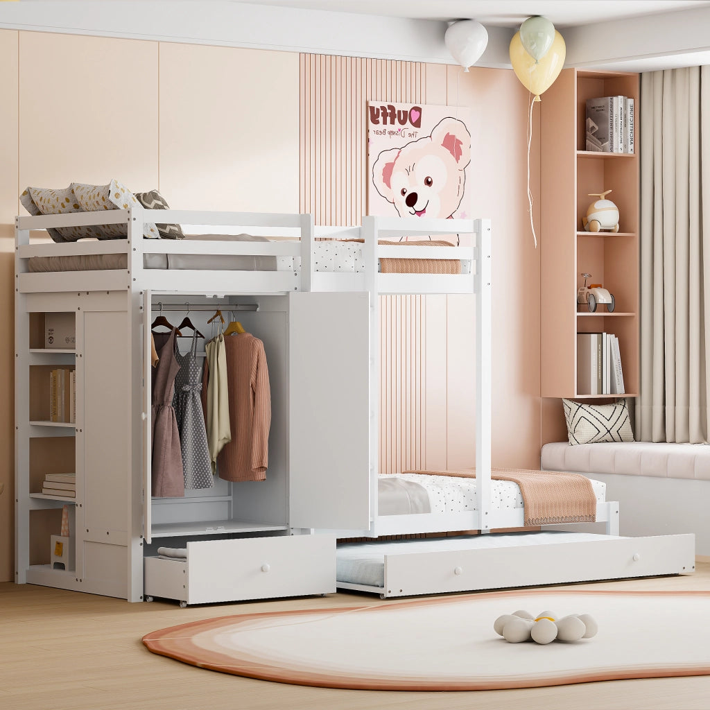 Letto a castello in legno massello 90x200 cm con letto estraibile, armadio integrato e cassetti, bianco