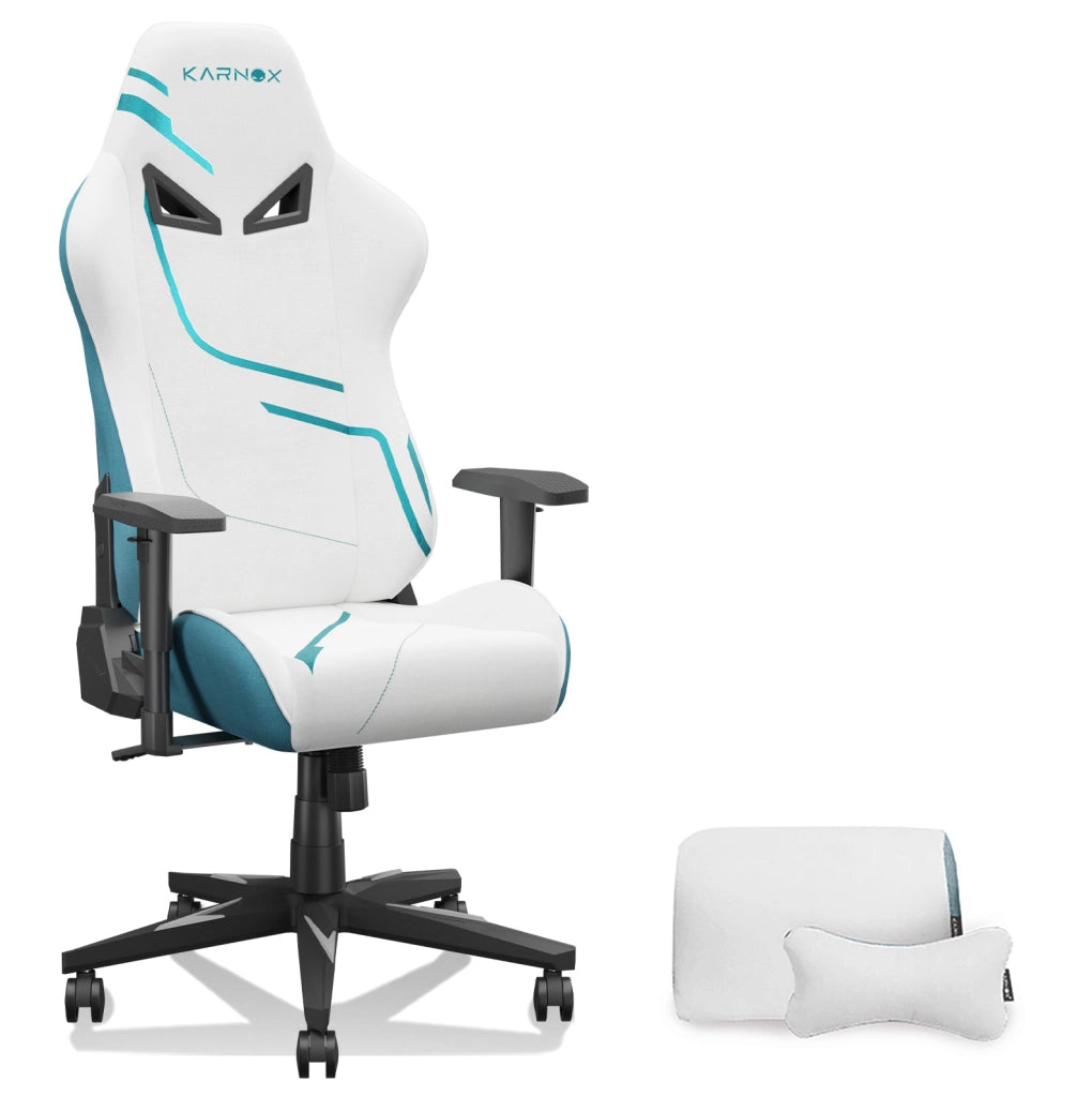Sedia gaming ULEVR in tessuto bianco e blu, schienale reclinabile 90¡ã-155¡ã, braccioli regolabili e supporto lombare