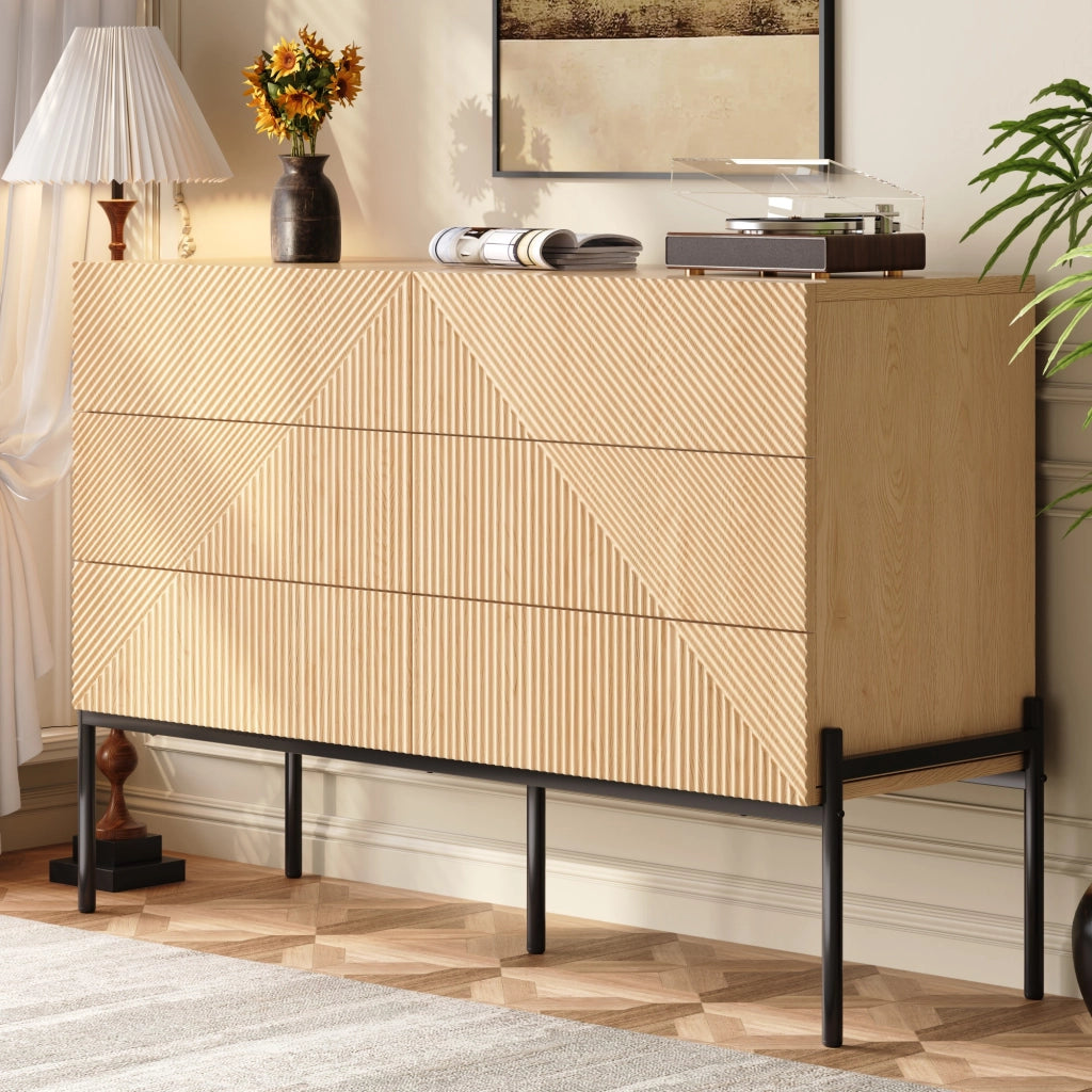 Credenza moderna con sei cassetti; 115;5 cm; struttura geometrica; MDF; color naturale
