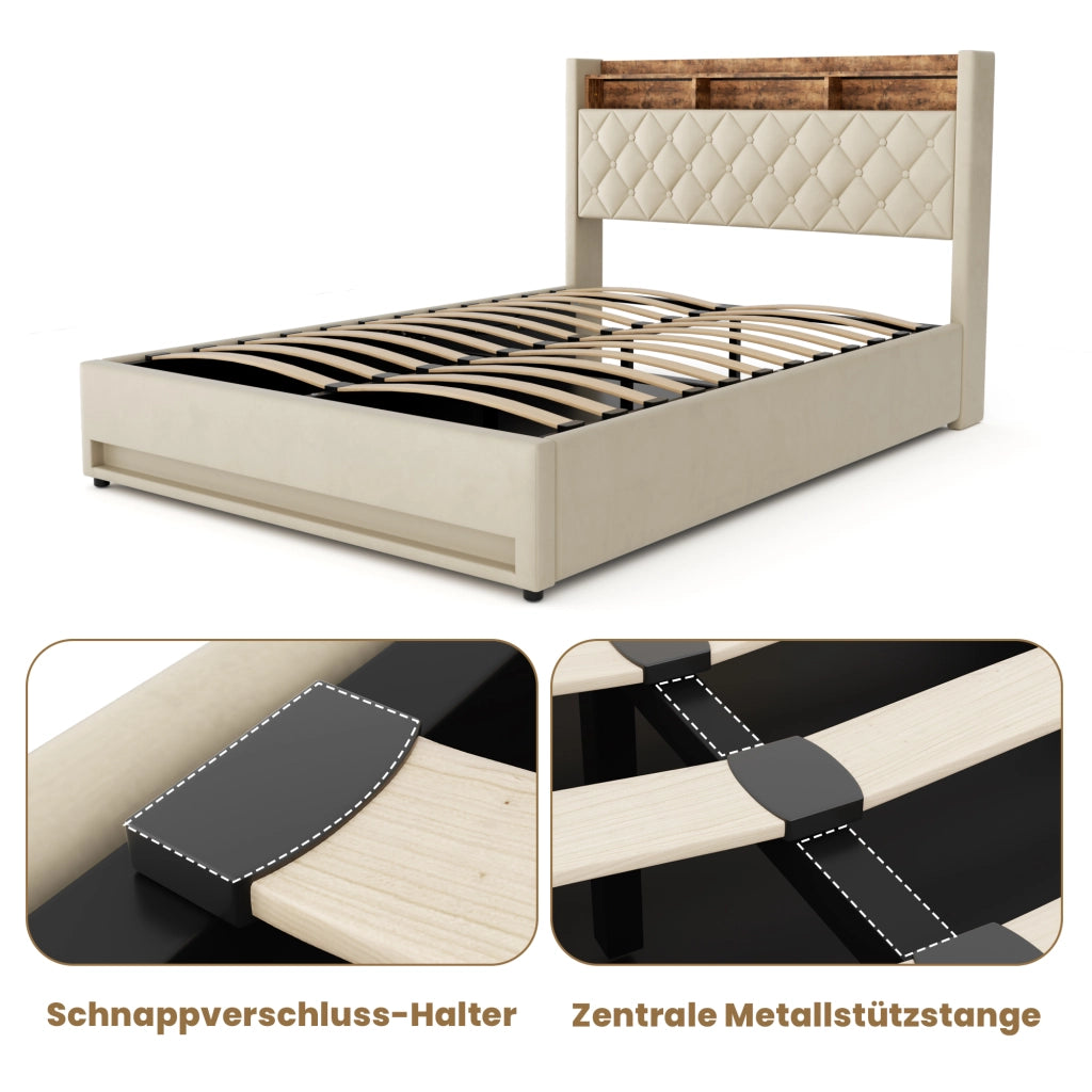 Letto contenitore imbottito 160x200 cm con luce LED; presa elettrica e porta USB; velluto; beige; senza materasso