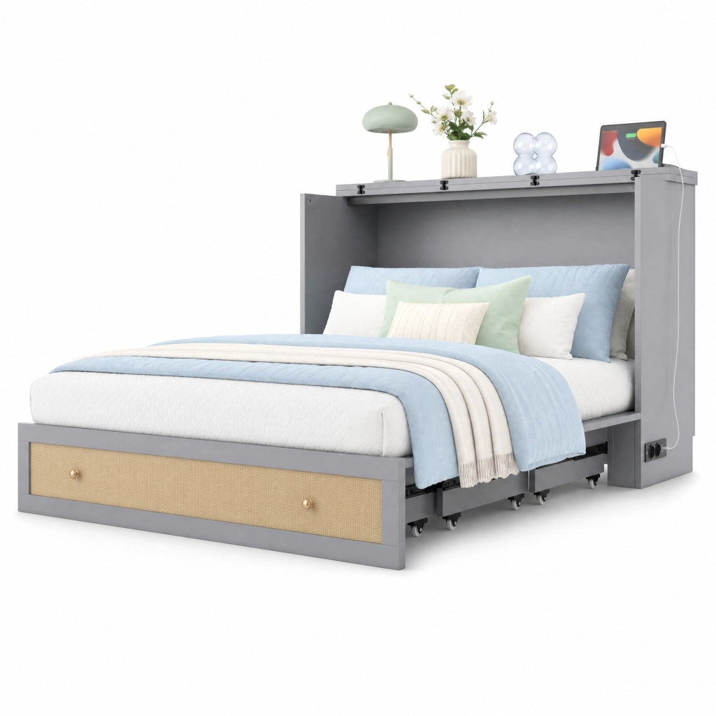 Letto trasformabile 140x200 cm con cassetti; scaffale; USB e presa di corrente; grigio