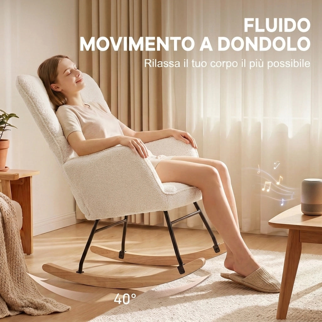 Poltrona a dondolo imbottita in legno e acciaio beige per soggiorno e camera da letto, design moderno ed ergonomico, 71x98x101 cm