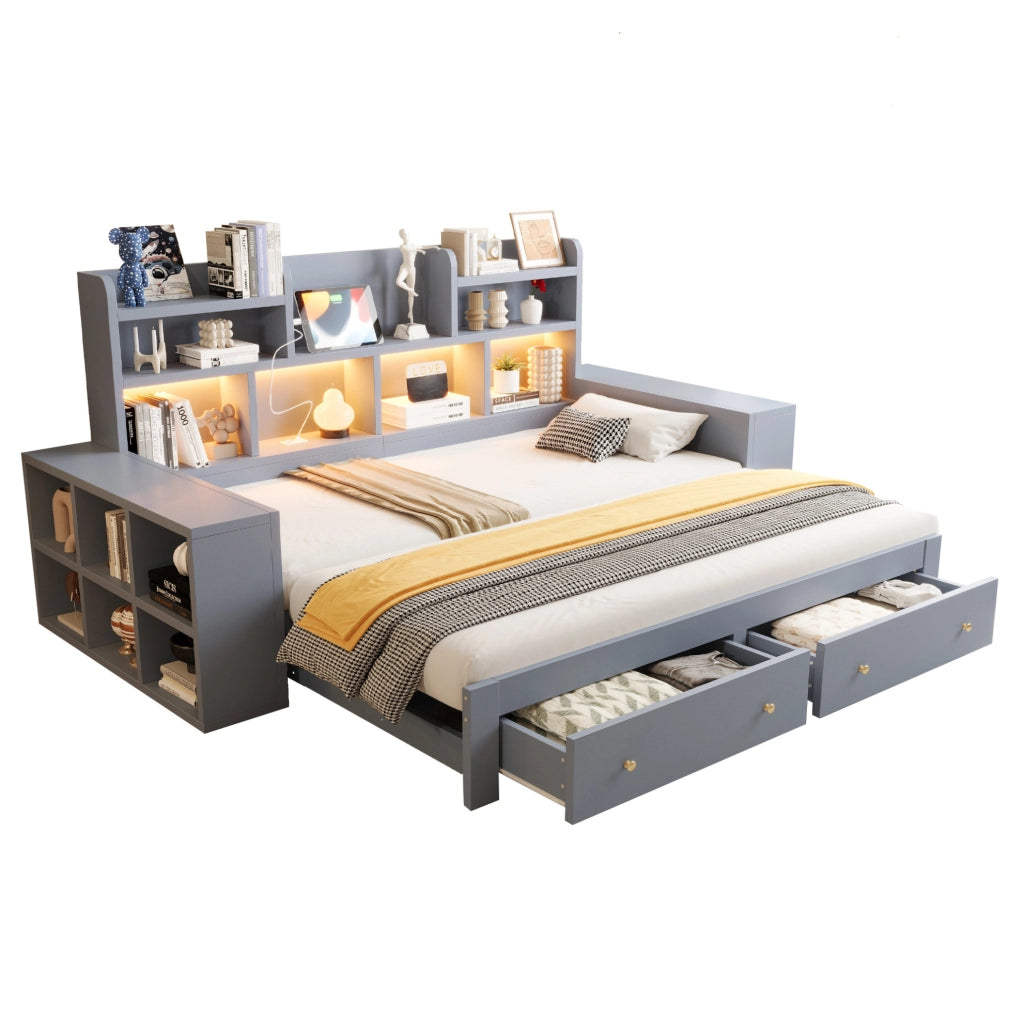 DIVANO LETTO Estraibile 90/180x200 cm Grigio con LED e prese
