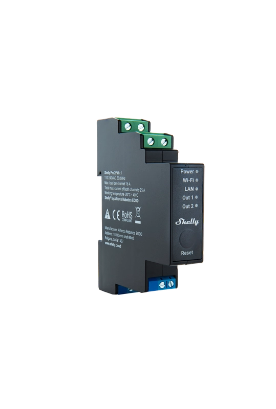 SHELLY PRO 2PM rel√® montabile su guida DIN. 2 canali. Wi-Fi. LAN e Bluetooth. controllo tapparelle. controllo consumi