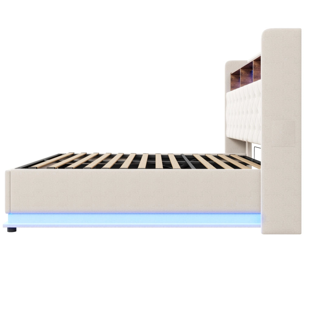 Letto matrimoniale imbottito 180 × 200 cm con LED USB vano contenitore idraulico in lino beige