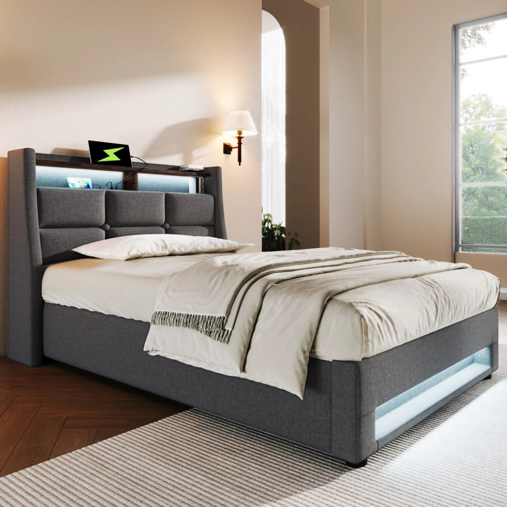 Letto Singolo Imbottito 90x200 cm con LED; USB; Testiera Contenitore; Grigio