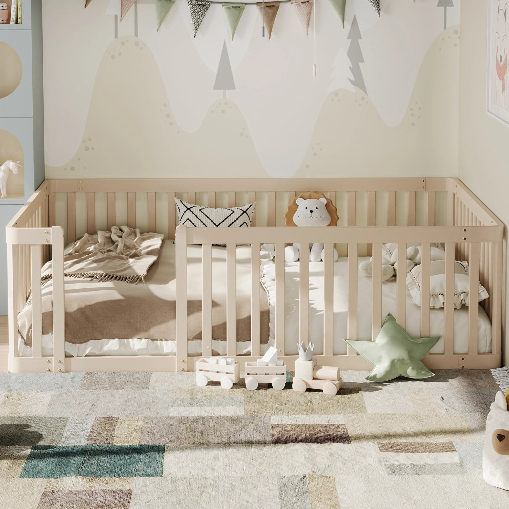 Letto per bambini 90 × 200 cm con barriera semiaperta, senza materasso, in legno massello di pino, crema