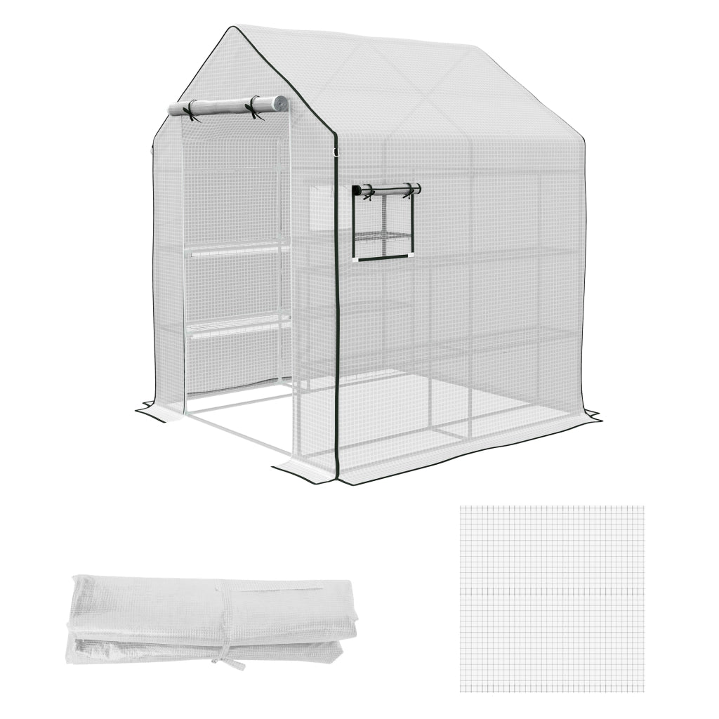 Copertura PE per Serra da Giardino con Porta a Cerniera e Finestre, 140x143x190cm, Bianco