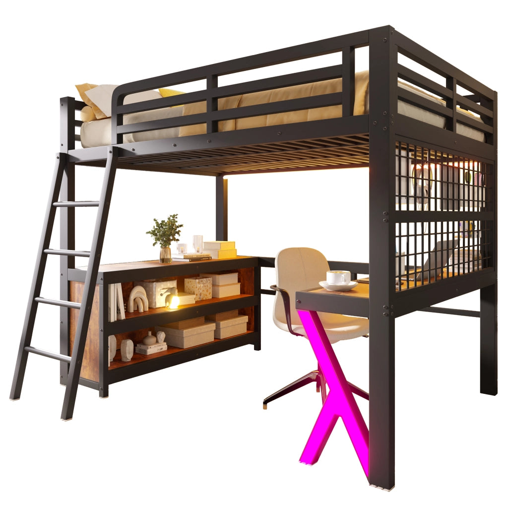 Letto a Soppalco 140x200 cm con Scrivania; LED; Scala e Sponde; Nero