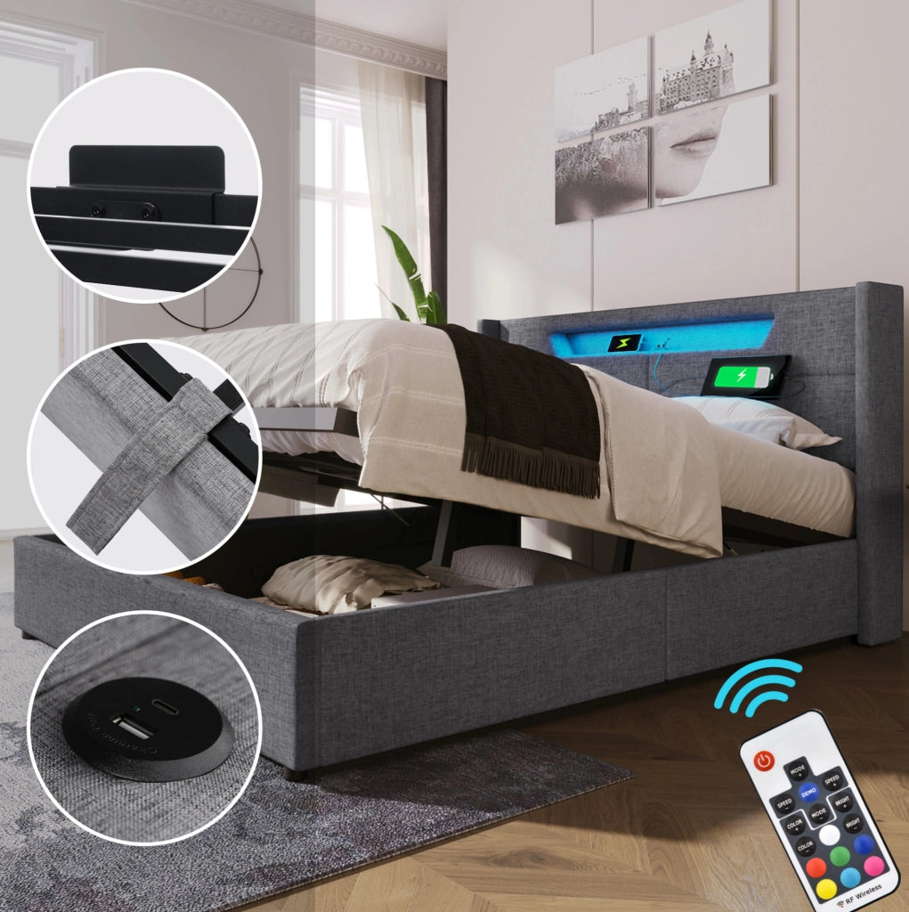 Letto imbottito con contenitore LED, ricarica USB e Tipo C 140 x 200 cm