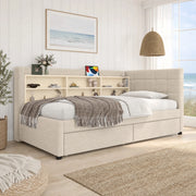 Letto da giorno 90x200 cm con 2 cassetti, USB e USB-C in lino e MDF beige