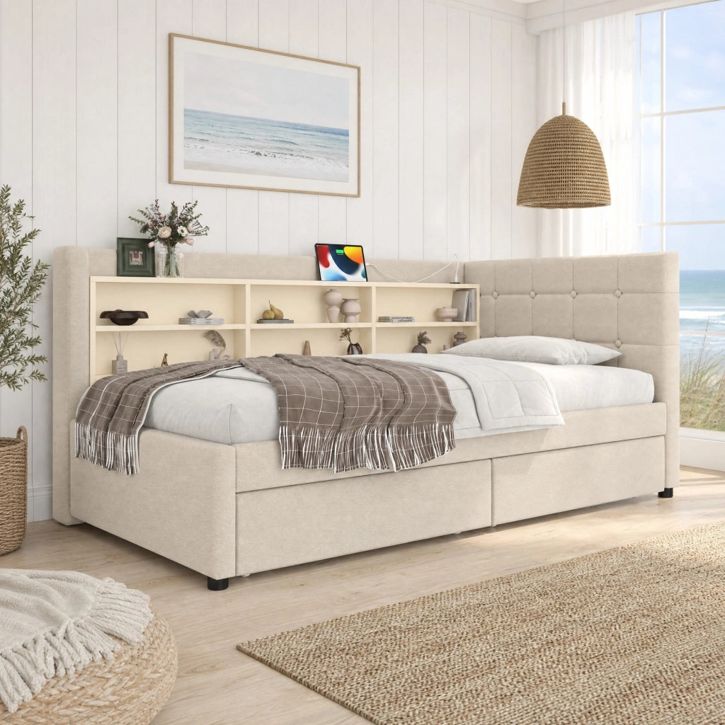 Letto da giorno 90x200 cm con 2 cassetti, USB e USB-C in lino e MDF beige