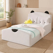 Letto a piattaforma 140 × 200 cm con testiera imbottita a orsetto in lino bianco e 2 cuscini decorativi