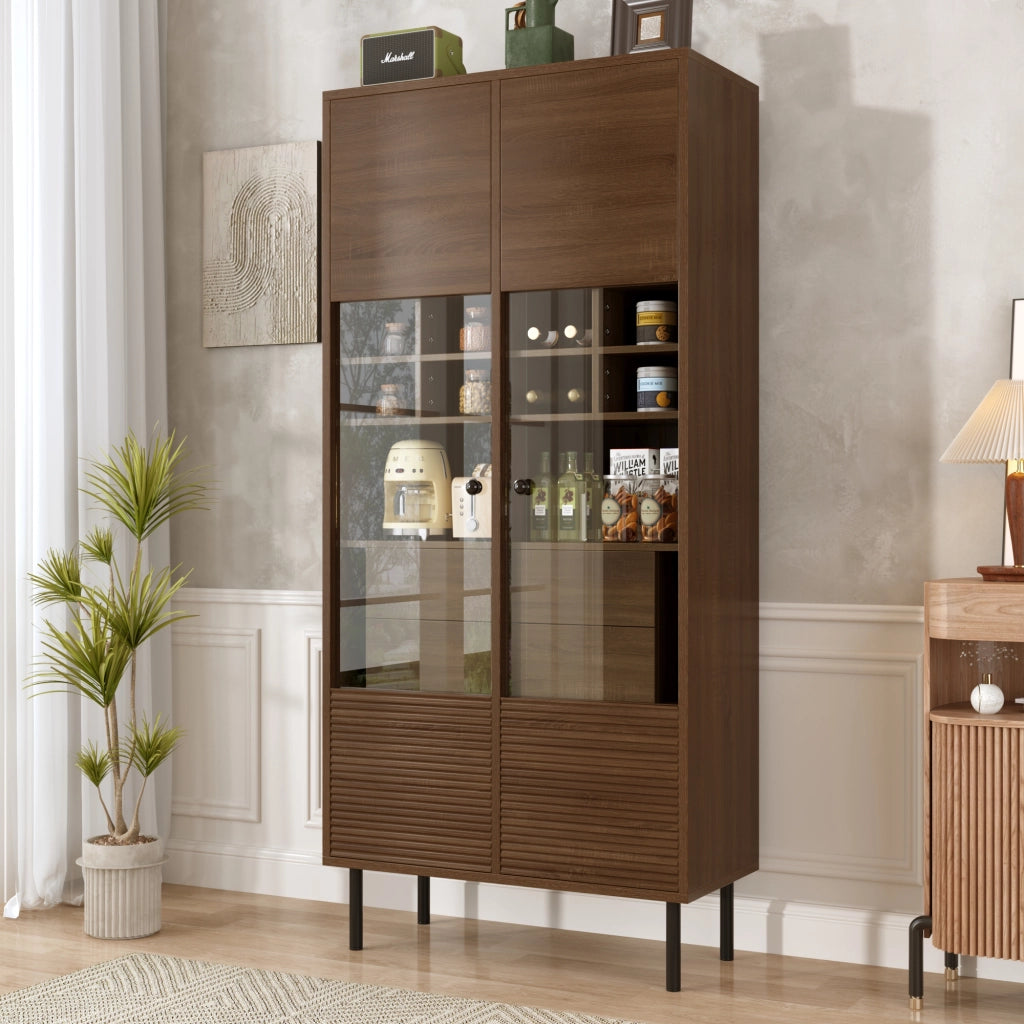 Mobiletto Multiuso Effetto Noce 75;5x35x164;5 cm Vetrina con Ante in Vetro e Cassetti