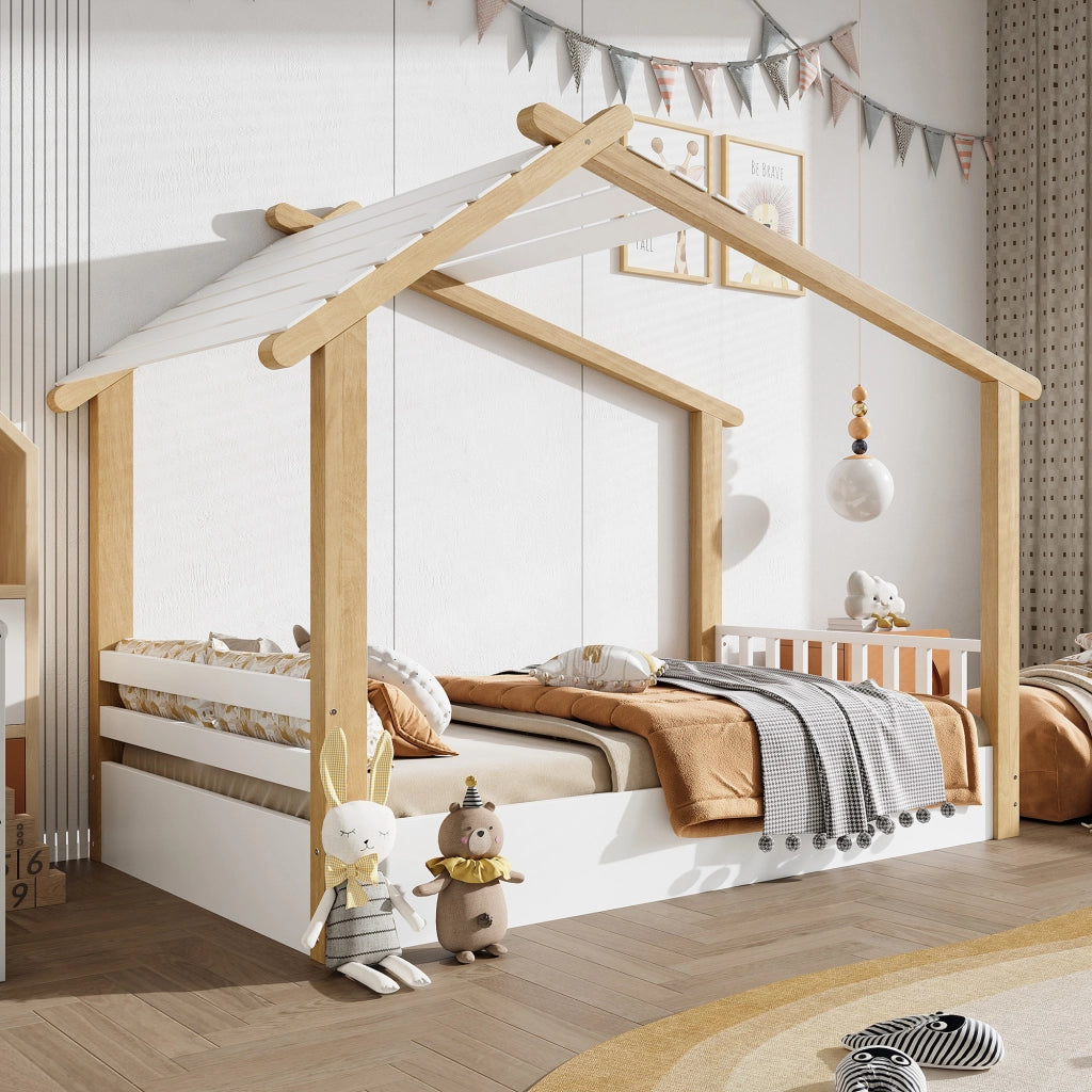 Letto casetta per bambini 90 × 190 cm 1 posto, senza materasso, in pino, truciolare e MDF, bianco naturale