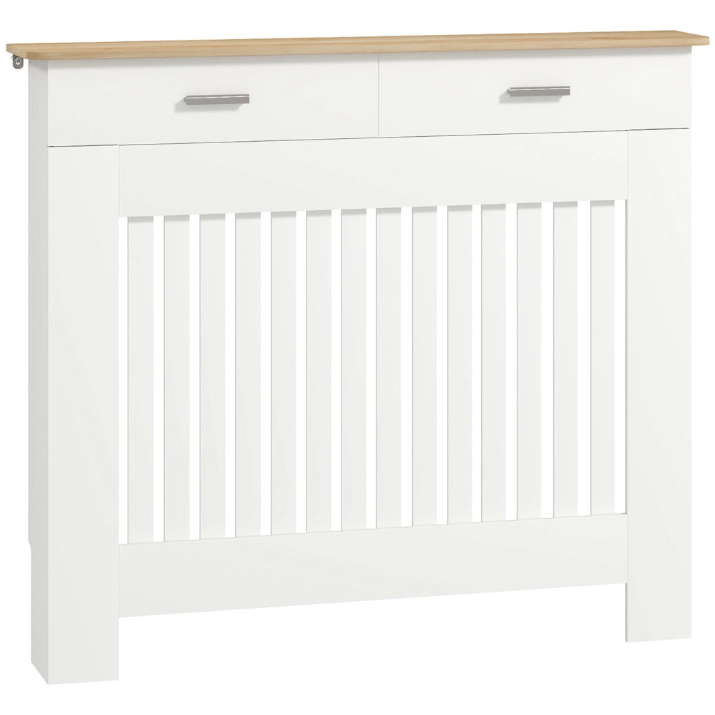 Copritermosifone Moderno in Legno Bianco a Doghe con Cassetto Portaoggetti e Sistema Antiribaltamento, per Casa, 112x19x97 cm